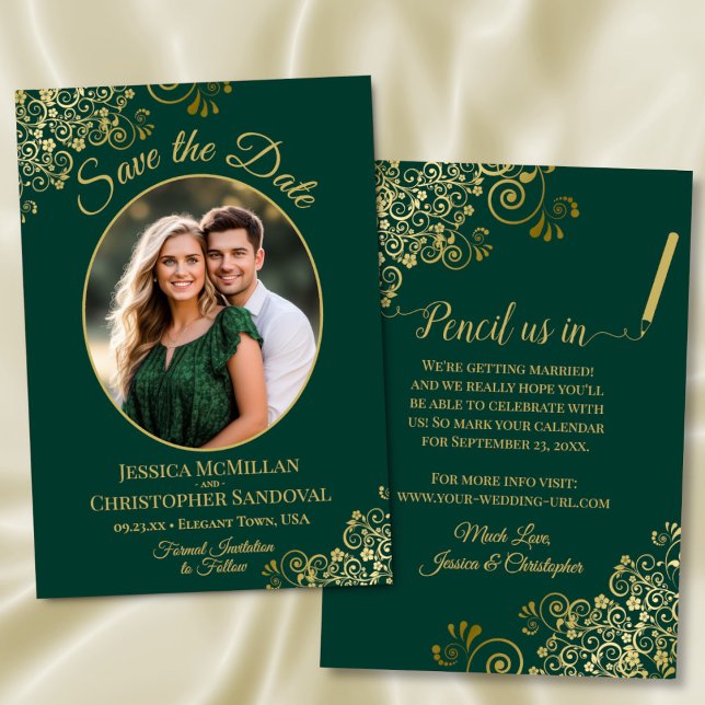 Reserve A Data Elegante Verde Esmeralda & Dourado Oval Casamento  (Front/Back)