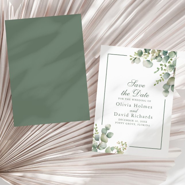 Reserve A Data Elegante Verde Eucalipto Botânico Casamento (Elegant Greenery Eucalyptus Botanical Wedding Save The Date on a sunny neutral dry palm leaf.)