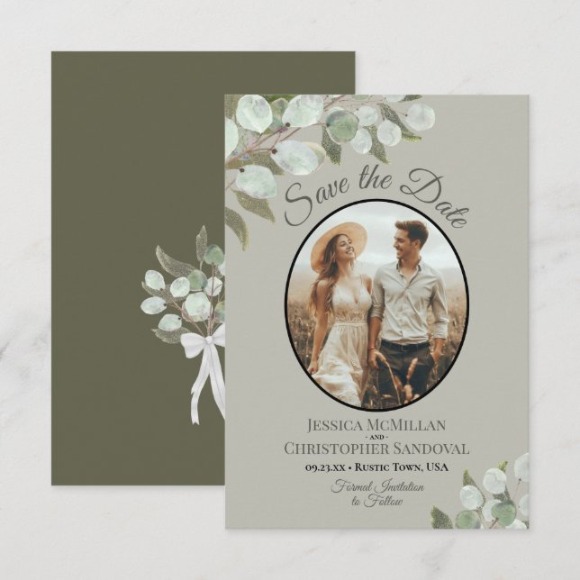 Reserve A Data Elegante Verde Eucalipto & Foto Casamento Sage (Frente/Verso)