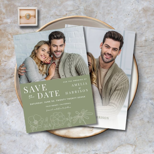 Reserve A Data Elegante Verde Salvia Floral Casamento com Duas Fo (Sage Green Elegant Floral Two Photo Wedding Save the Date with Line Art Flowers.)