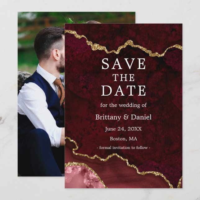 Reserve A Data Elegante Watercolor Burgundy Marble Geode Foto (Frente/Verso)