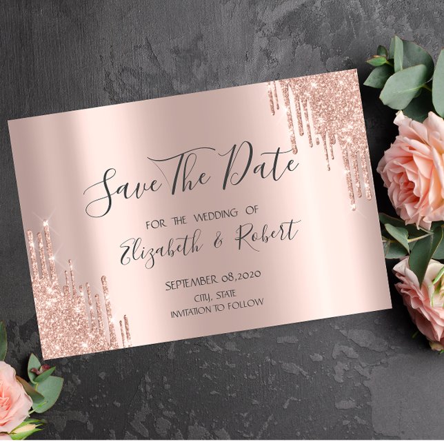 Reserve A Data Elegantes Gotas de Glitter em Dourado Rosa Save Th (Criador carregado)