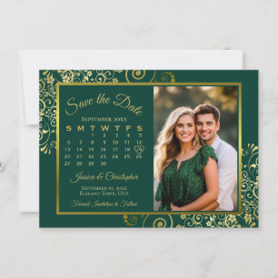 Reserve A Data Elegantes Ondulações Douradas Calendário Esmeralda