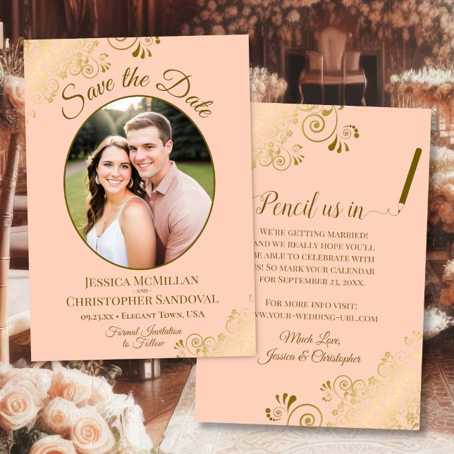 Reserve A Data Elegantes Ondulações Douradas Foto Oval Casamento  (Front/Back)