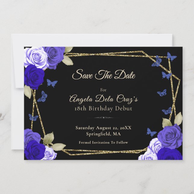 Reserve A Data Elegantes Rosas Azuis Douradas e Pretas Debut de 1 (Frente)