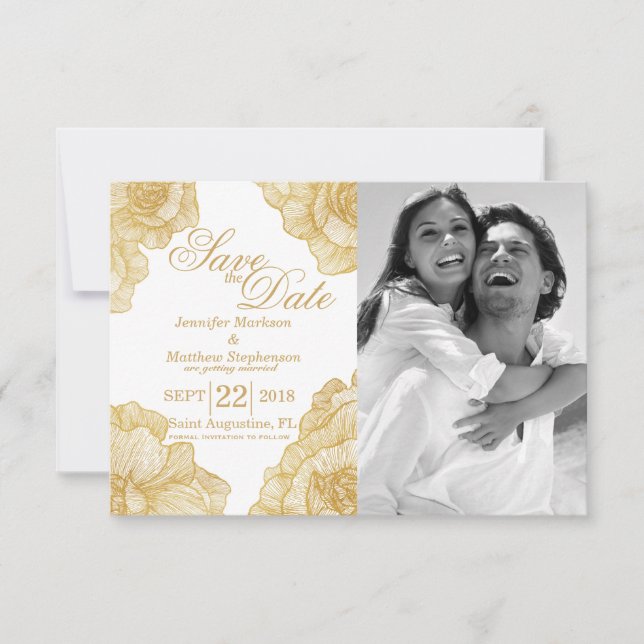 Reserve A Data Elegantes Simples Flores de Ouro Save the Dates (Frente)