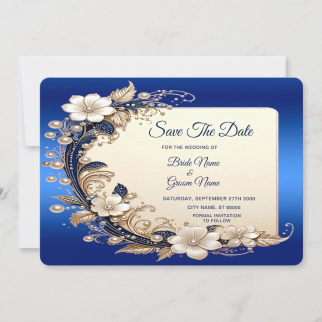 Reserve A Data Embelezamento Floral Branco Azul Salvar A Data (Frente)