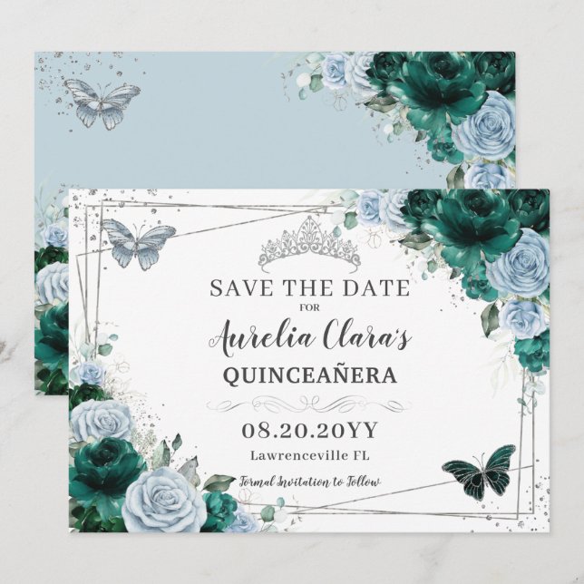 Reserve A Data Emerald Blue Floral Silver Quinceanera XV Sweet 16 (Frente/Verso)