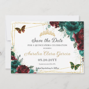 Reserve A Data Emerald Burgundy Floral Quinceañera Sweet 16