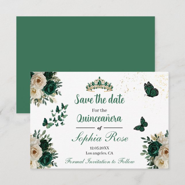 Reserve A Data Emerald Gold Butterfly Tiara Quinceañera Save Date (Frente/Verso)