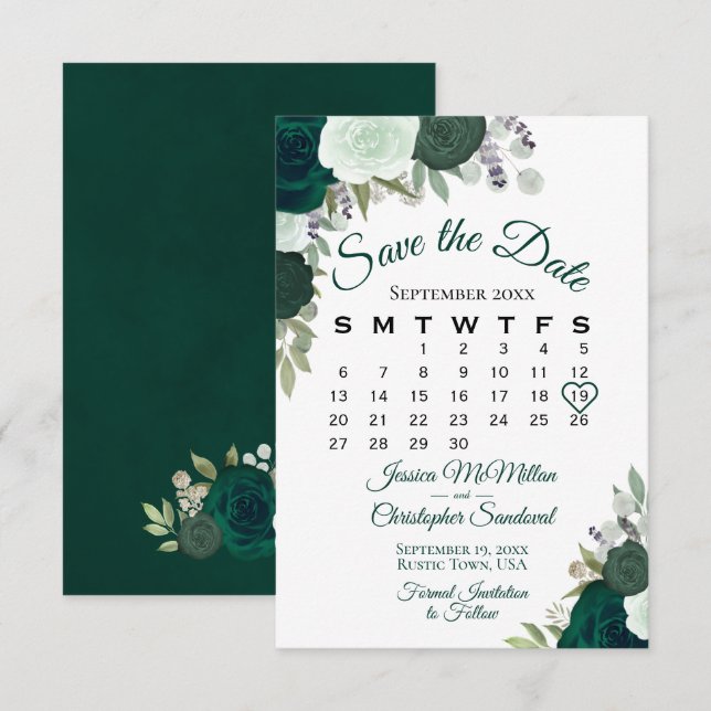 Reserve A Data Emerald Green Floral Elegante Boho Calendário de C (Frente/Verso)