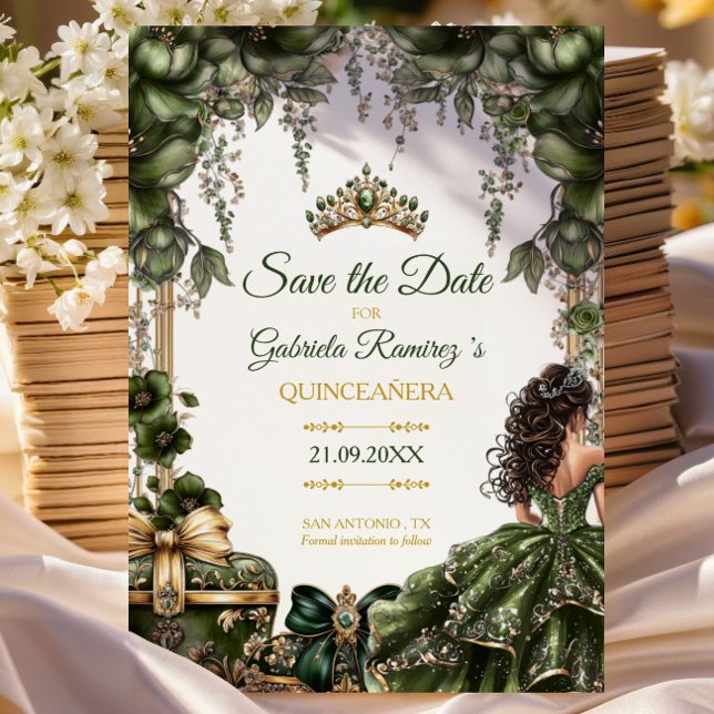 Reserve A Data Emerald Green Golden Tiara Floral Quinceañera (Criador carregado)