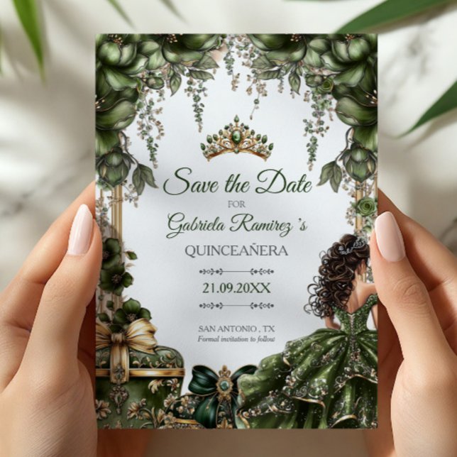Reserve A Data Emerald Green Golden Tiara Floral Quinceañera (Criador carregado)