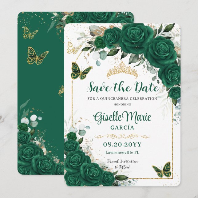 Reserve A Data Emerald Green Rosas Floral Quinceañera Butterflies (Frente/Verso)