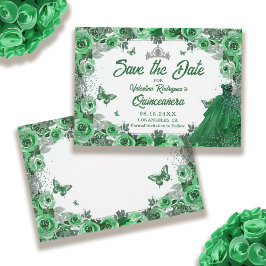 Reserve A Data Emerald Green Silver Glitter Floral Quinceanera