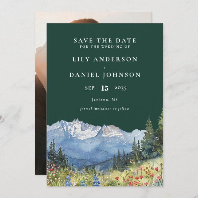 Reserve A Data Emerald Green Watercolor Mountain Photo Wedding (Frente/Verso)