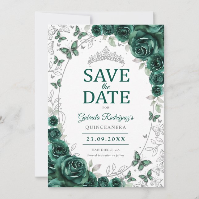 Reserve A Data Emerald Verde Prata Floral Quinceanera (Frente)
