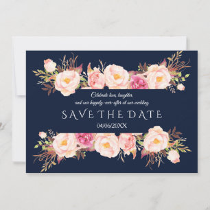 Reserve A Data Encantador Quadro Floral Rosa Casamento Azul Naval