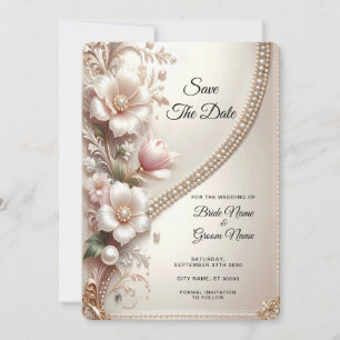 Reserve A Data Enfeites Florais e Pérolas Save The Date
