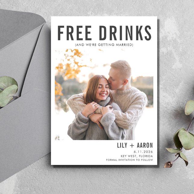 Reserve A Data Engraçado Bebidas Gratuitas Foto Casamento Salvar  (Funny Free Drinks Photo Wedding Save the Date)