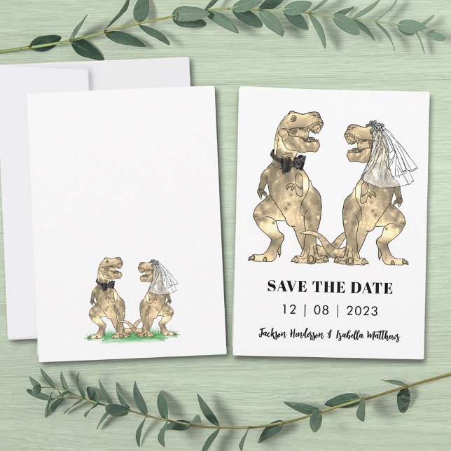 Reserve A Data Engraçado Casamento Dinossauro (T-rex bride and groom funny dinosaur wedding save the date invitation )