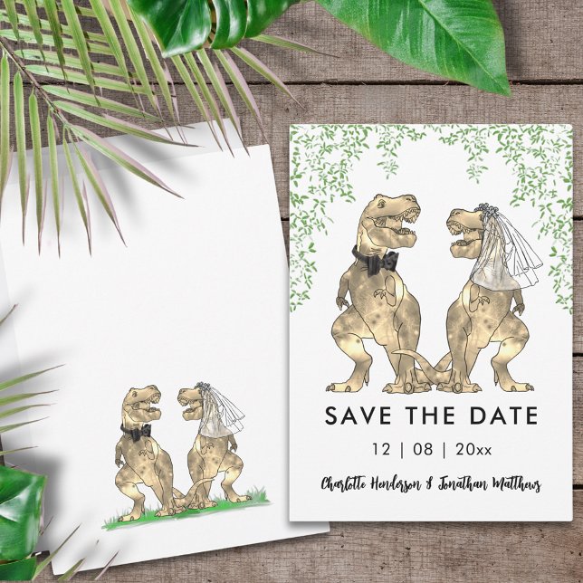 Reserve A Data Engraçado Dinossauro Que Pensou Casamento (Funny dinosaur themed wedding save the date invitation with T-Rex bride and groom Jurassic foliage )