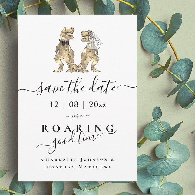 Reserve A Data Engraçado Dinossauro Que Pensou Casamento (Funny dinosaur wedding save the date T-Rex bride and groom dino elegant script)