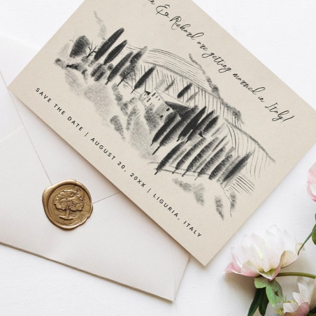 Reserve A Data Esboço a Carvão de Adega Italiana Save the Date (Criador carregado)