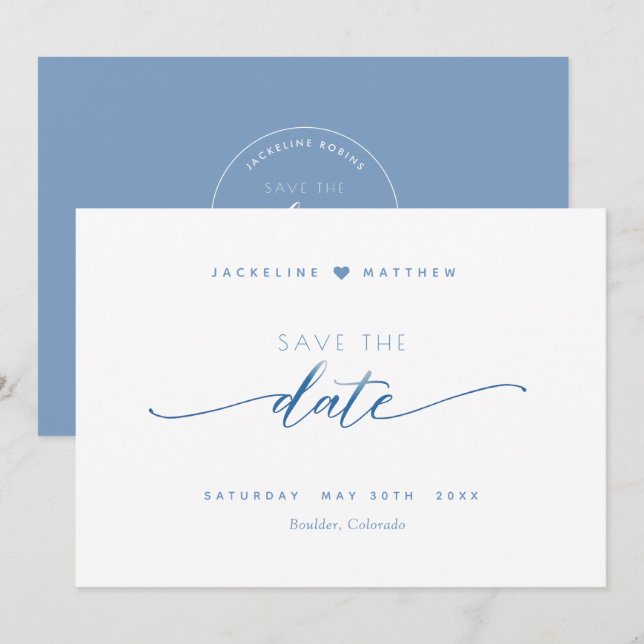 Reserve A Data Escrita Elegante, Azul Dusty, Casamento Simples (Frente/Verso)