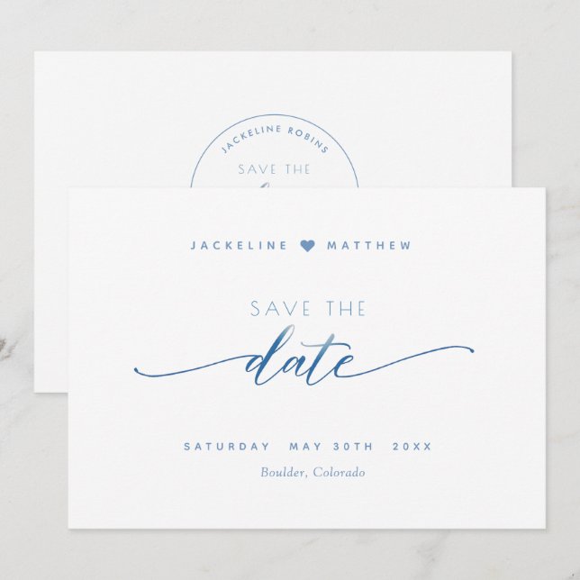 Reserve A Data Escrito Elegante, Azul Dusty, Casamento Simples Br (Frente/Verso)