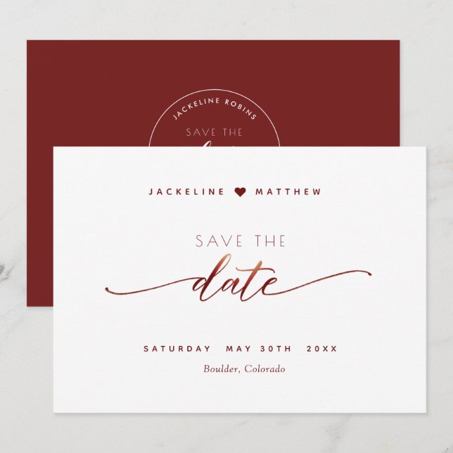 Reserve A Data Escrito Elegante, Casamento Simples Burgundy (Frente/Verso)