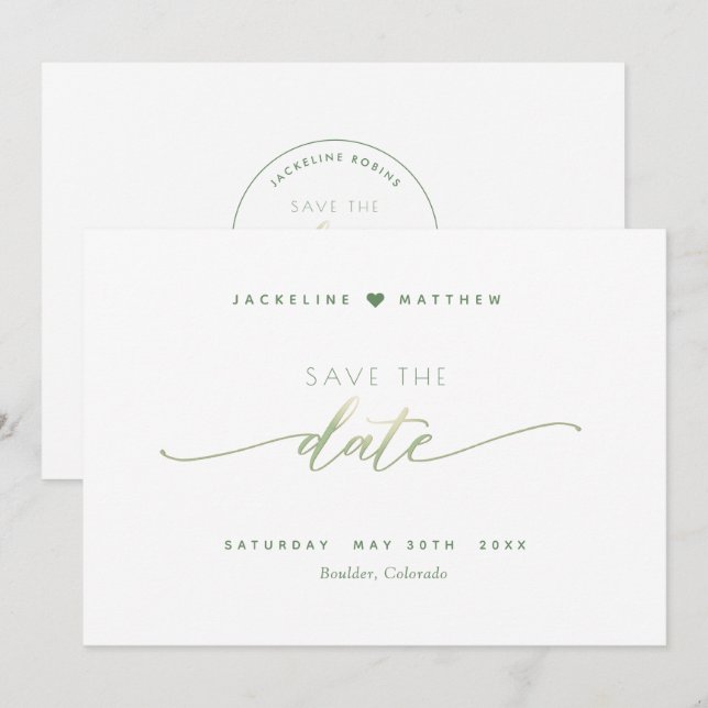 Reserve A Data Escrito Elegante, Casamento Verde, Simples (Frente/Verso)