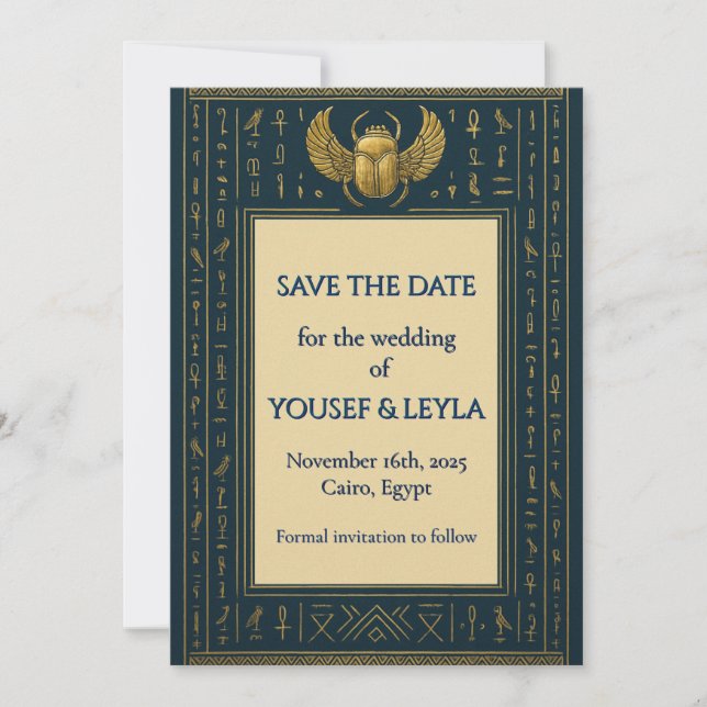 Reserve A Data Esfinge Alada Egípcia em Ouro Save the Date (Frente)