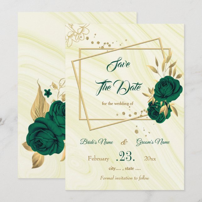 Reserve A Data esmeralda elegante floral de ouro verde (Frente/Verso)