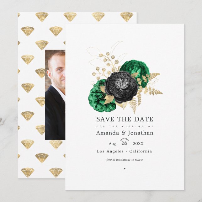 Reserve A Data Esmeralda Escura e Floral Dourado Casamento Salve  (Frente/Verso)