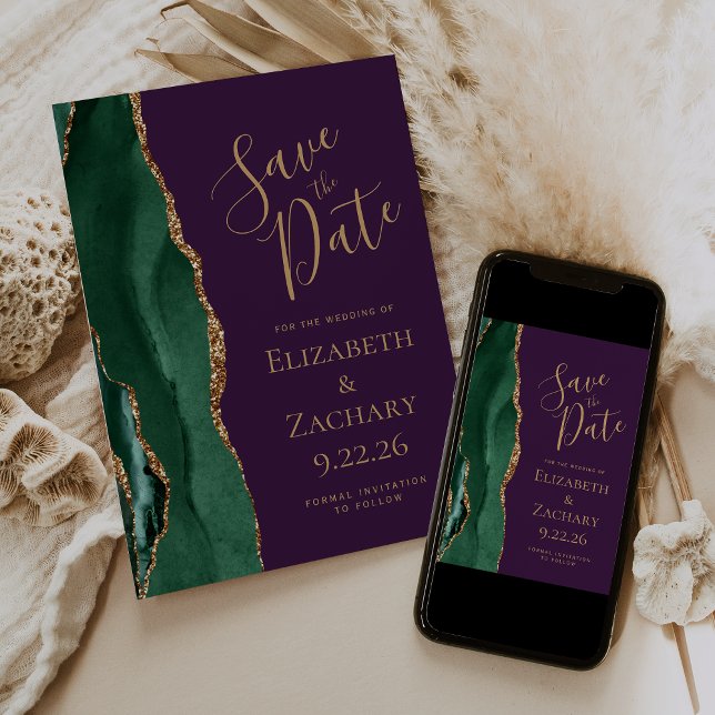 Reserve A Data Esmeralda Verde Dourado Ágata Roxo Salve a Data (Criador carregado)
