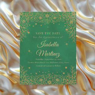 Reserve A Data Esmeralda Verde Dourado Estrelas Florais Quinceañe