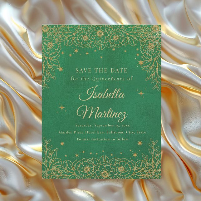 Reserve A Data Esmeralda Verde Dourado Estrelas Florais Quinceañe (Emerald green and gold Quinceañera Save the Date card)