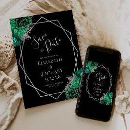 Reserve A Data Esmeralda Verde Prata Floral Preto Salve a Data