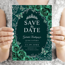 Reserve A Data Esmeralda Verde Prata Quinceanera Floral