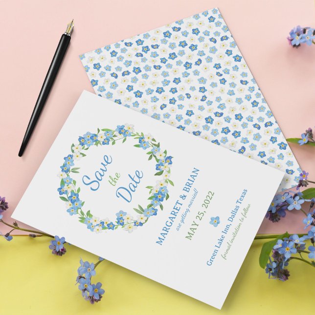 Reserve A Data Esquece-me de Casamento Azul e Branco com Aquarela (Blue and White Forget-me-nots Save the Date Card)