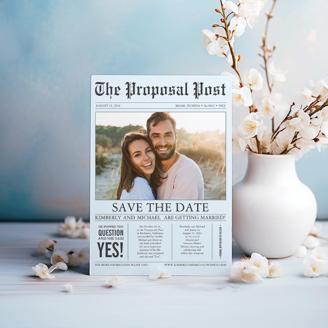 Reserve A Data Estilo de jornal Diversão Azul empoeirado Salvar a (Dusty blue cute save the date cards in a newsletter style - The Proposal Post )