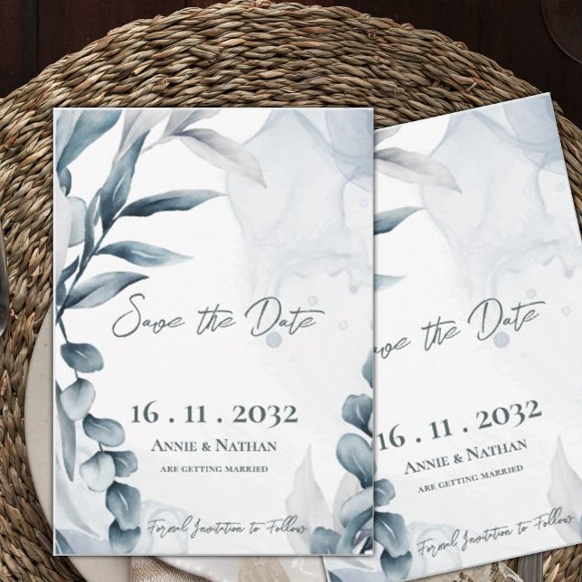 Reserve A Data Eucalipto Azul Empoeirado Casamento (Dusty Blue Eucalyptus Leaves Elegant Wedding Save The Date)