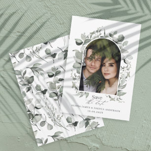 Reserve A Data Eucalipto botânico elegante foto simples casamento