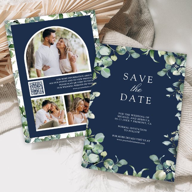 Reserve A Data Eucalipto Código QR de Foto Azul Marinho Casamento (Criador carregado)