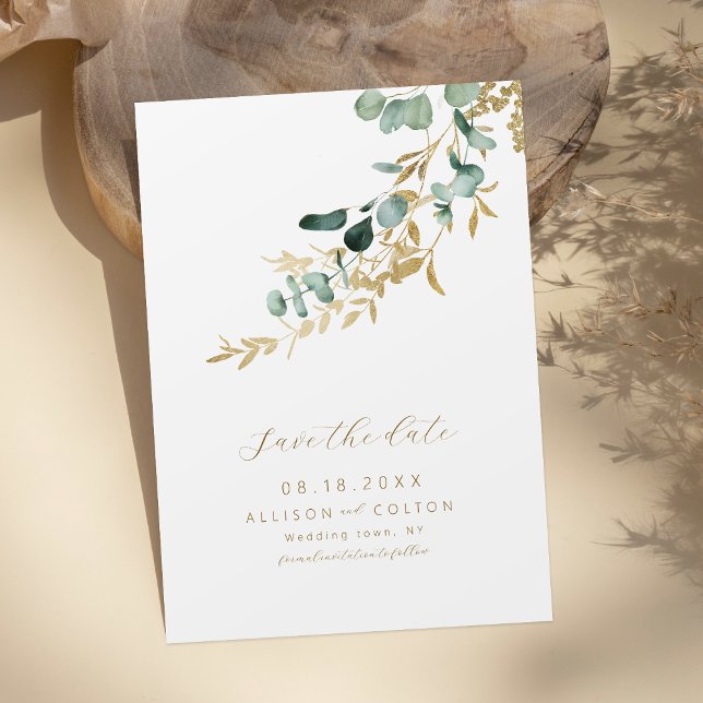 Reserve A Data Eucalipto rústico dourado verde boho salve a data (Rustic eucalyptus gold greenery boho save the date)