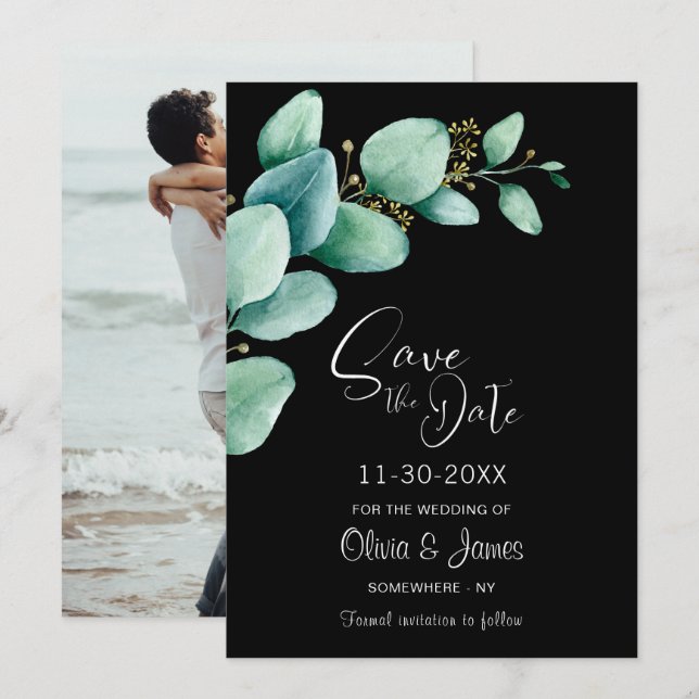 Reserve A Data Eucalyptus Deixa Casamento Preto Personalizado (Frente/Verso)