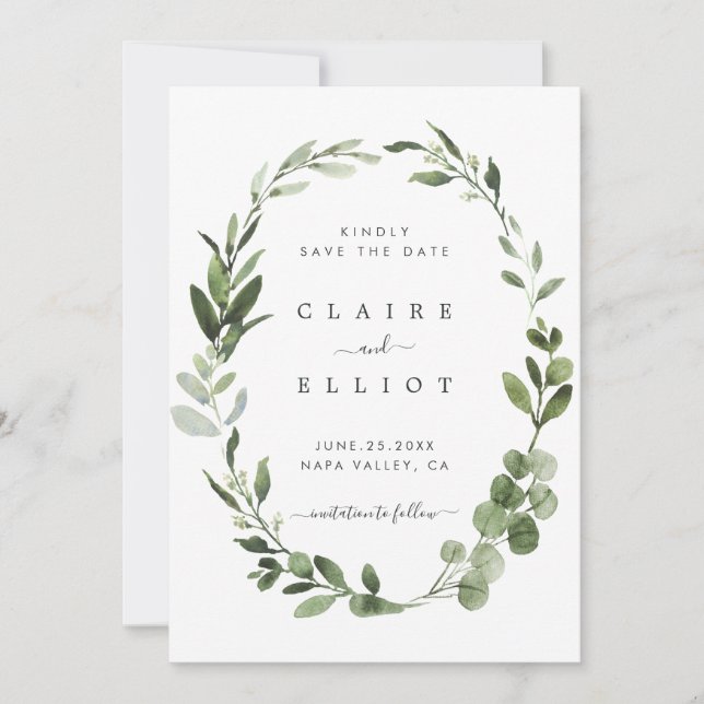 Reserve A Data Eucalyptus Green Foliage Wreath Save the Date Card (Frente)