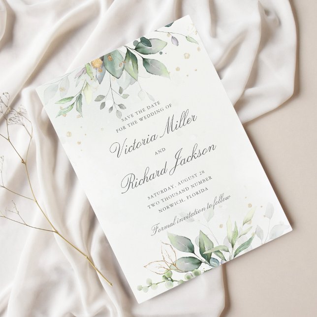 Reserve A Data Eucalyptus Greenery Dourado Deixa Casamento Elegan (Criador carregado)