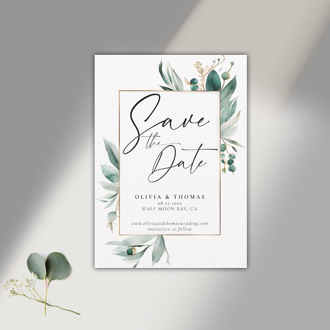 Reserve A Data Eucalyptus Greenery Frame Modern Romance Casamento (modern simple wedding save the date typography calligraphy eucalyptus greenery emerald green frame)